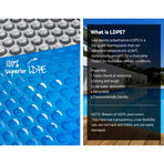 Aquabuddy 500 micron solar pool cover 11x4.8m with blue top and silver underside, welded joints