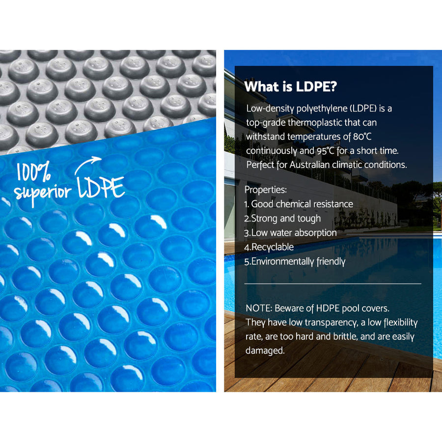 Aquabuddy 500 micron solar pool cover 11x4.8m with blue top and silver underside, welded joints