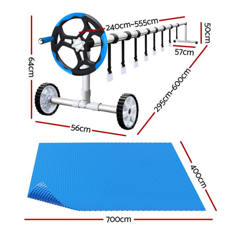 Aqua Buddy 600 micron blue solar pool cover 7x4m with aluminium roller, thick blue bubble surface