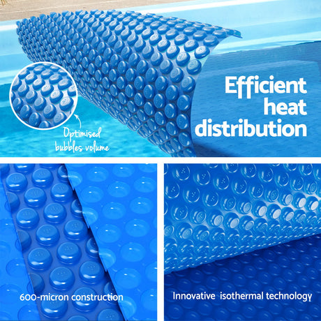 Aqua Buddy 600 micron blue solar pool cover 7x4m with aluminium roller, securing straps and buckles