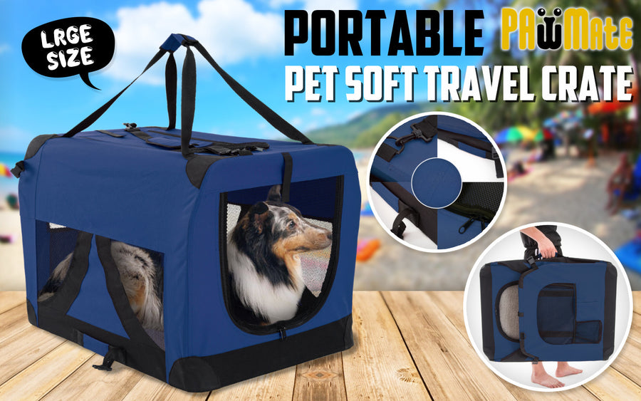 L Portable Soft Dog Crate - BLUE