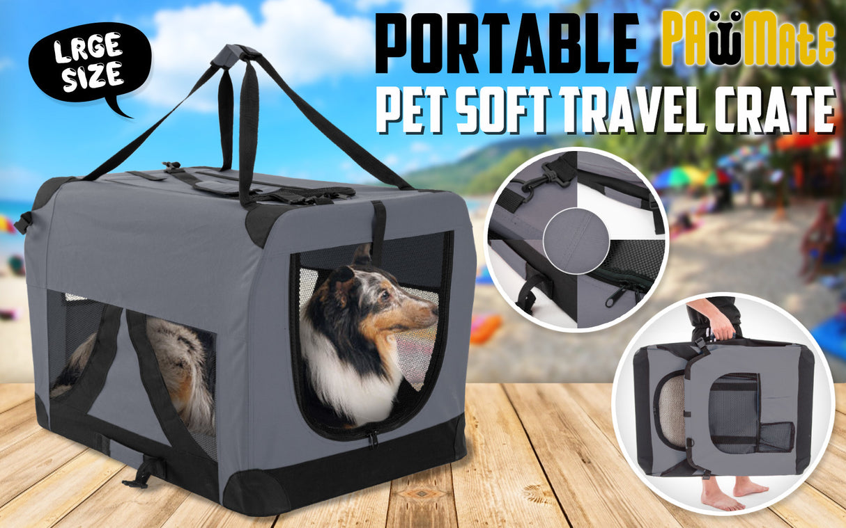 L Portable Soft Dog Crate - GREY