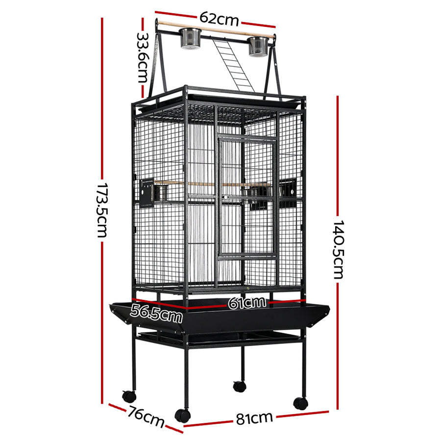i.Pet large wrought iron bird cage aviary on wheels, black, pyramid play top with ladder