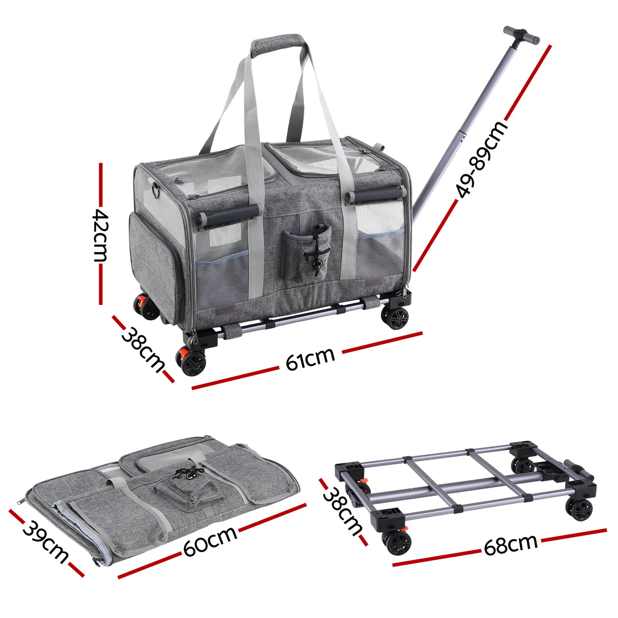 i.Pet Pet Carrier Swivel Wheels Foldable Cat Dog Trolley Stroller Travel Bag Grey