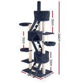 i.Pet Cat Tree 244cm Tower Scratching Post Scratcher Trees Condo House Grey - Front View