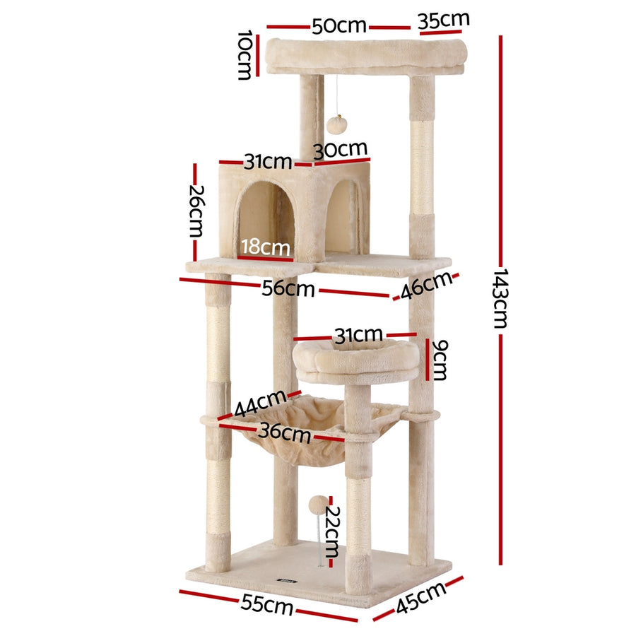 i.Pet Cat Tree 143cm Tower Scratching Post Trees Scratcher Condo House Beige, image 3