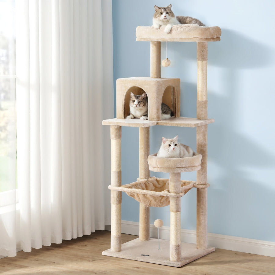 i.Pet Cat Tree 143cm Tower Scratching Post Trees Scratcher Condo House Beige, image 7