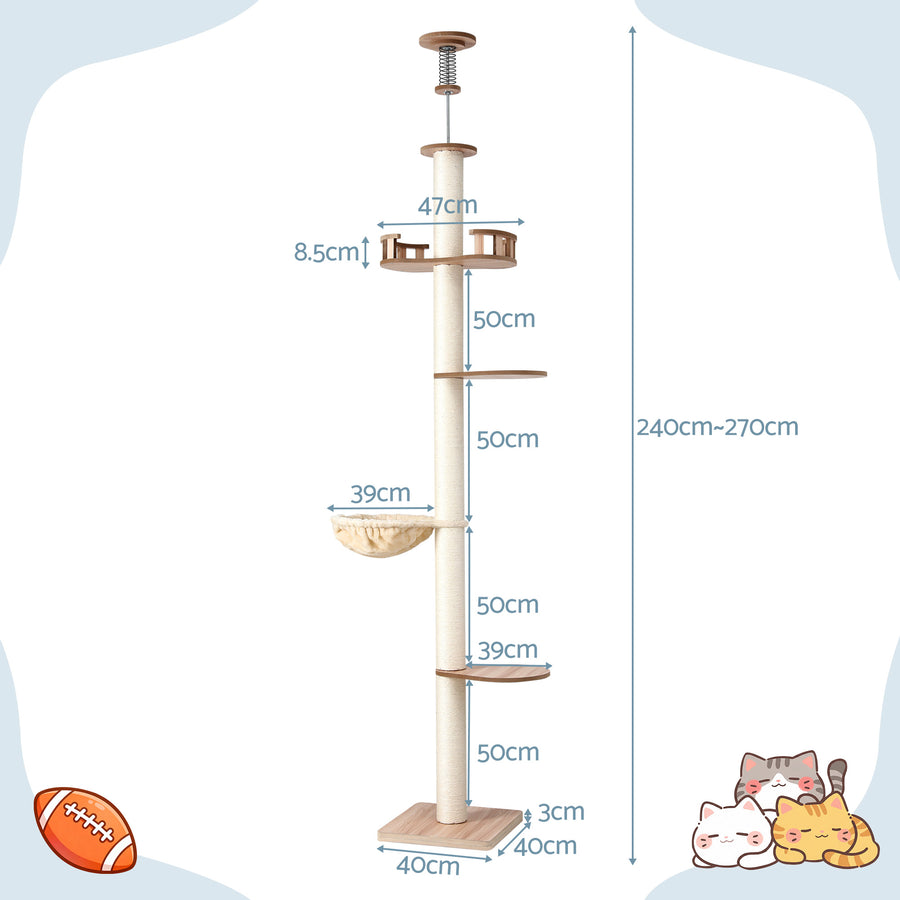 i.Pet Cat Tree Tower Floor to Ceiling Scratching Post 270cm Beige
