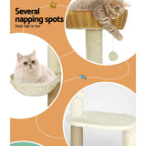 i.Pet Cat Tree 138cm Tower Scratching Post Scratcher Wood Bed Condo House Rattan Ladder - 45-Degree Angle