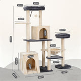 i.Pet Cat Tree Tower 133cm Rotatable L-Shape Design Scratching Post Furniture Scratcher House Grey & Beige - Front View