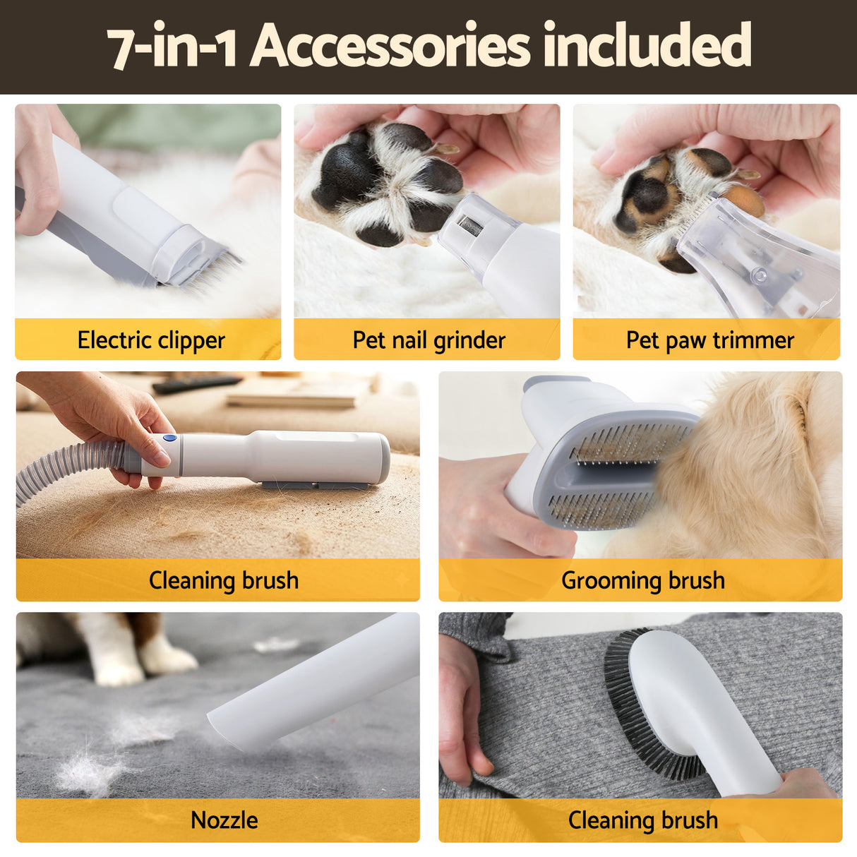 i.Pet 7-in-1 Vacuum Pet Grooming Tool with Hair Dryer, Clipper, and Brushes