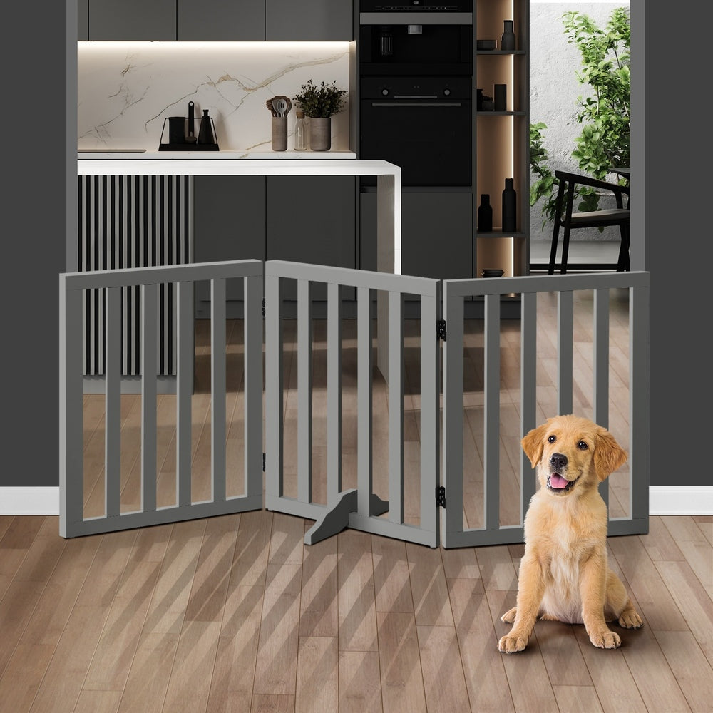 Alopet Wooden Pet Gate Safety Stair Barrier 3-Panel Grey