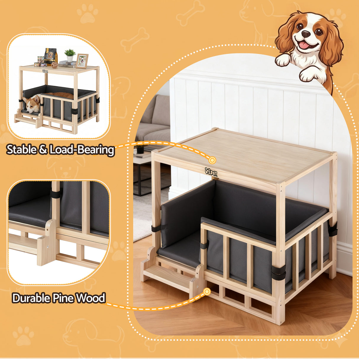 i.Pet 2in1 Dog Kennel Crate Furniture Grey Bedding Wooden House Indoor
