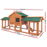 i.Pet Chicken Coop Rabbit Hutch 220cm x 44cm x 84cm Large Run Wooden Outdoor Bunny Cage House - Front View