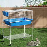 Deluxe Blue Rabbit and Small Pet Cage with Wheeled Stand and Accessories - Low Angle