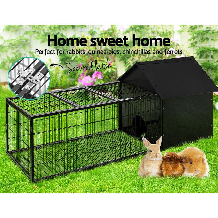 i.Pet black metal rabbit hutch with enclosed shelter and run, 162x60cm, lockable top opening