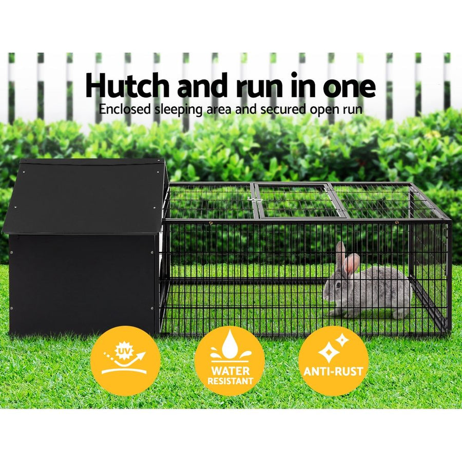 i.Pet black metal rabbit hutch with enclosed shelter and run, 162x60cm, slide-out mesh tray