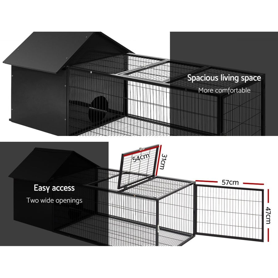 i.Pet black metal rabbit hutch with enclosed shelter and run, 162x60cm, 20cm round entry opening