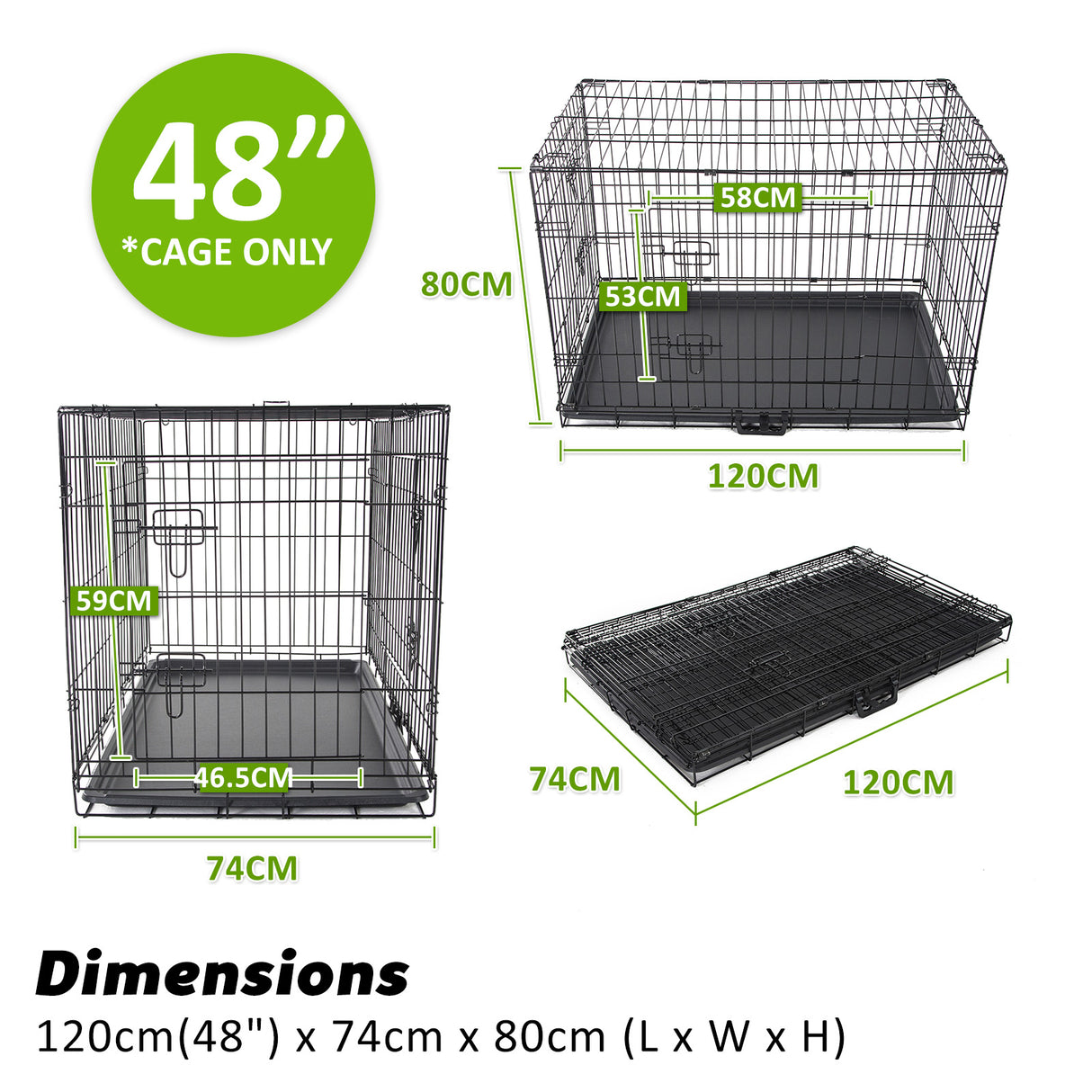 48in Foldable Wire Dog Cage with Tray + Cushion Mat