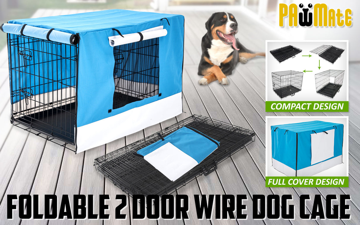 24in Foldable Wire Dog Cage with Tray + BLUE Cover