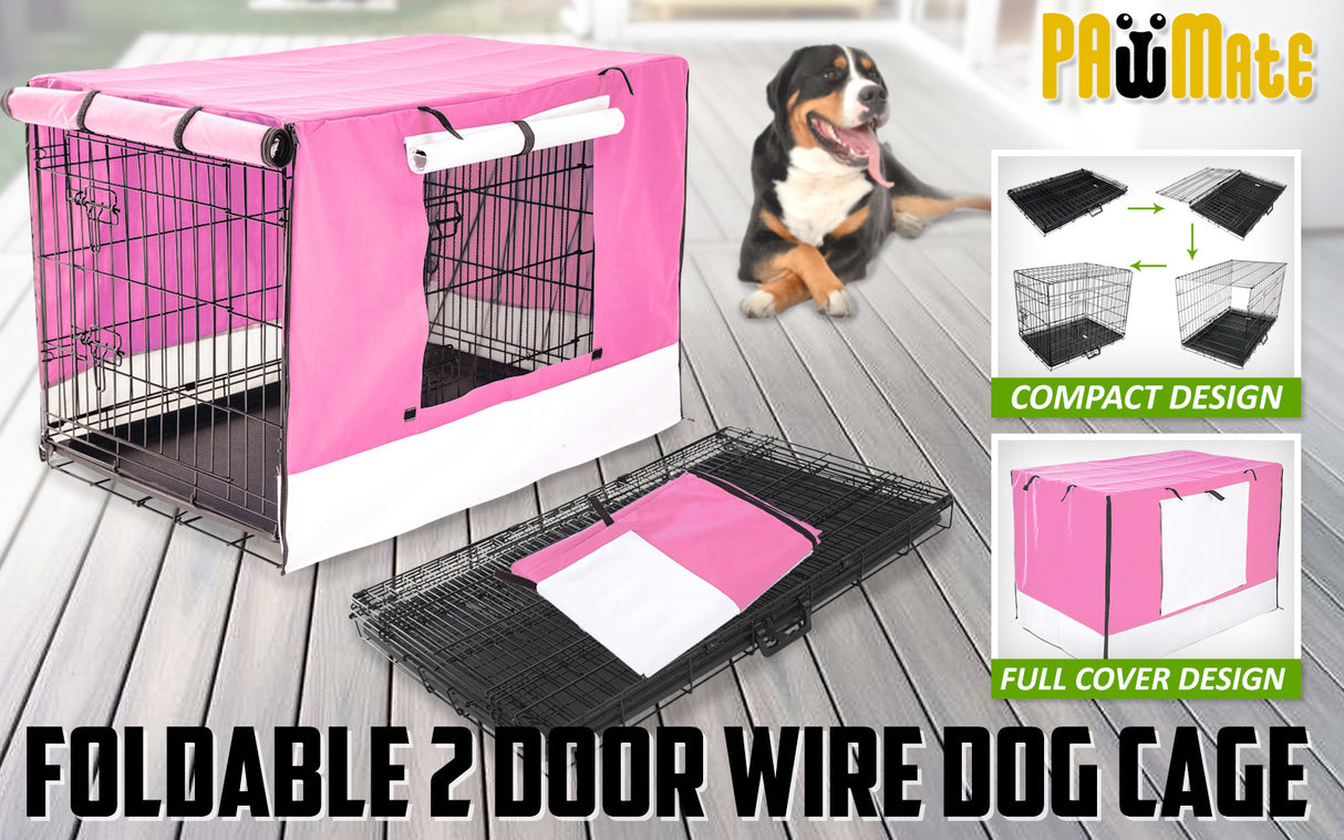 24in Foldable Wire Dog Cage with Tray + PINK Cover