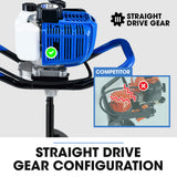 POWERBLADE PD950 52cc 2-Stroke Petrol Post Hole Digger, w/ 3 Auger bits, 600mm Extension Shaft - Low Angle