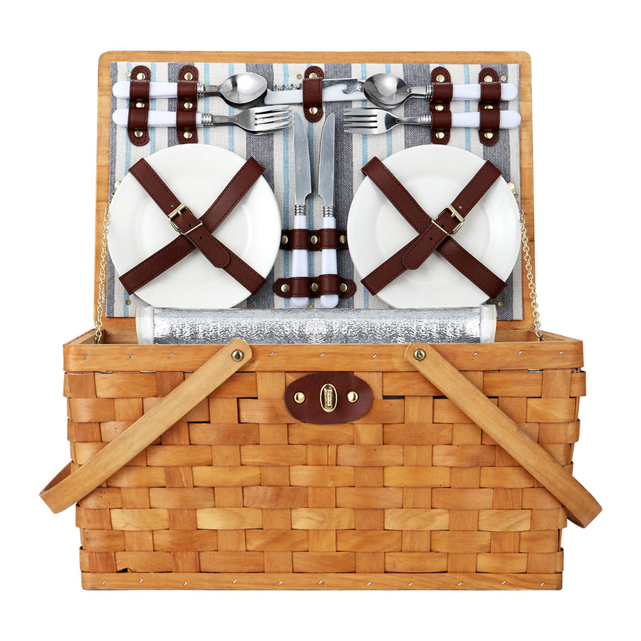 Alfresco 4 Person Picnic Basket Set Wooden Blanket Cooler Bag Outdoor Insulated, image 3