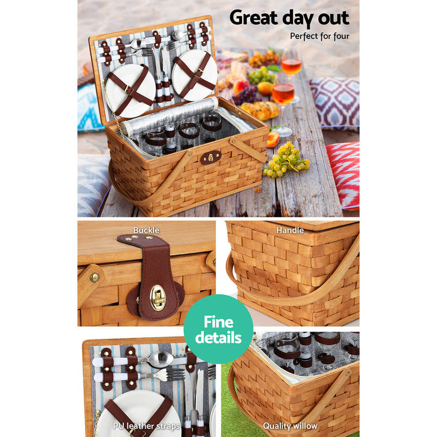Alfresco 4 Person Picnic Basket Set Wooden Blanket Cooler Bag Outdoor Insulated, image 4