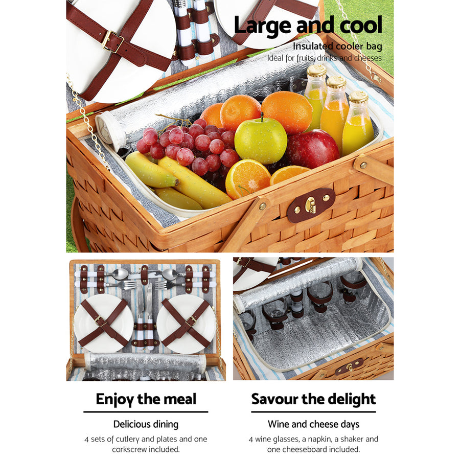 Alfresco 4 Person Picnic Basket Set Wooden Blanket Cooler Bag Outdoor Insulated, image 5