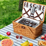 Alfresco 4 Person Picnic Basket Set Wooden Blanket Bag Insulated - Close-Up Angle
