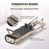 PROFLEX Wooden Pilates Reformer Machine, Stretch Bed with box and jump board accessories - Low Angle