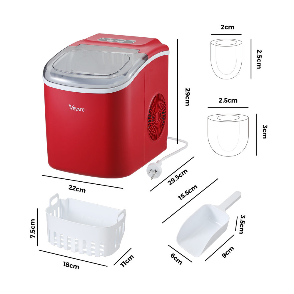 Vevare Portable Ice Maker Machine Ice Cube Tray 12kg Red