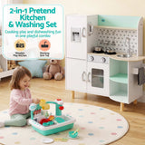 Keezi Kid Pretend Kitchen Wooden Play Sink Playset Dishwasher Toys Green - Top-Down View