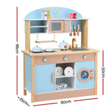 Keezi Kids Wooden Pretend Kitchen Play Sets Cooking Toys Pot Pan Bowls Oven Dishwasher 80CM Blue - Front View