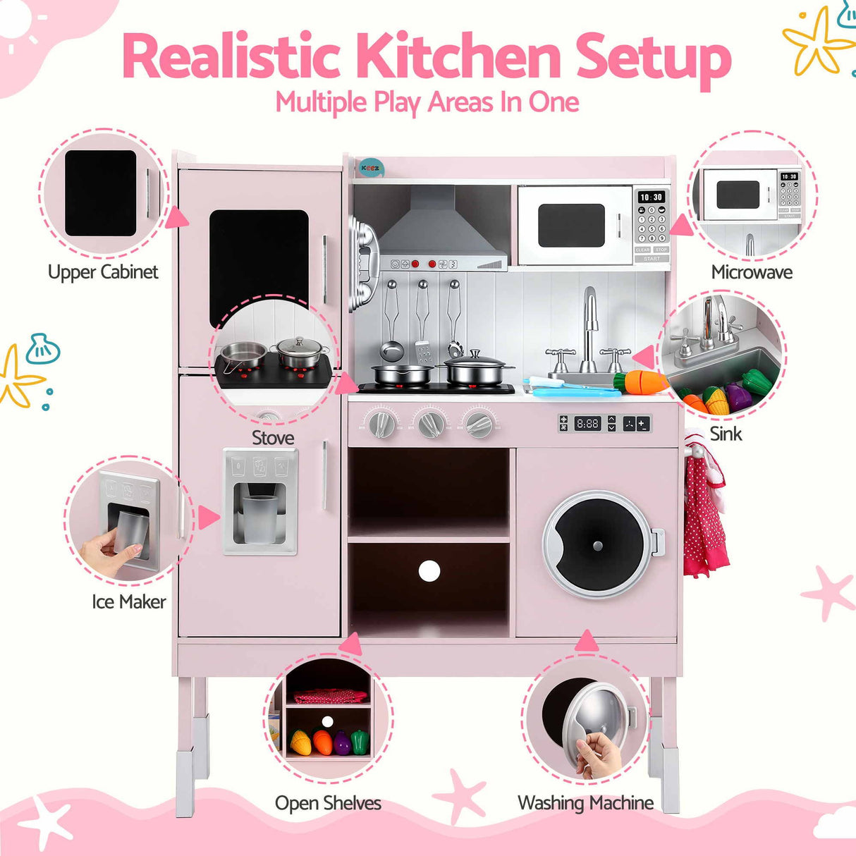 Keezi 102cm Wooden Pretend Kitchen Playset With Apron And Food Set1 Pink