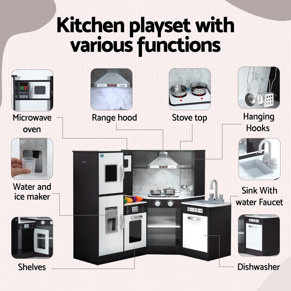 Keezi Kids Kitchen Play Set Wooden Pretend Cooking Playset w/Sounds Lights Black