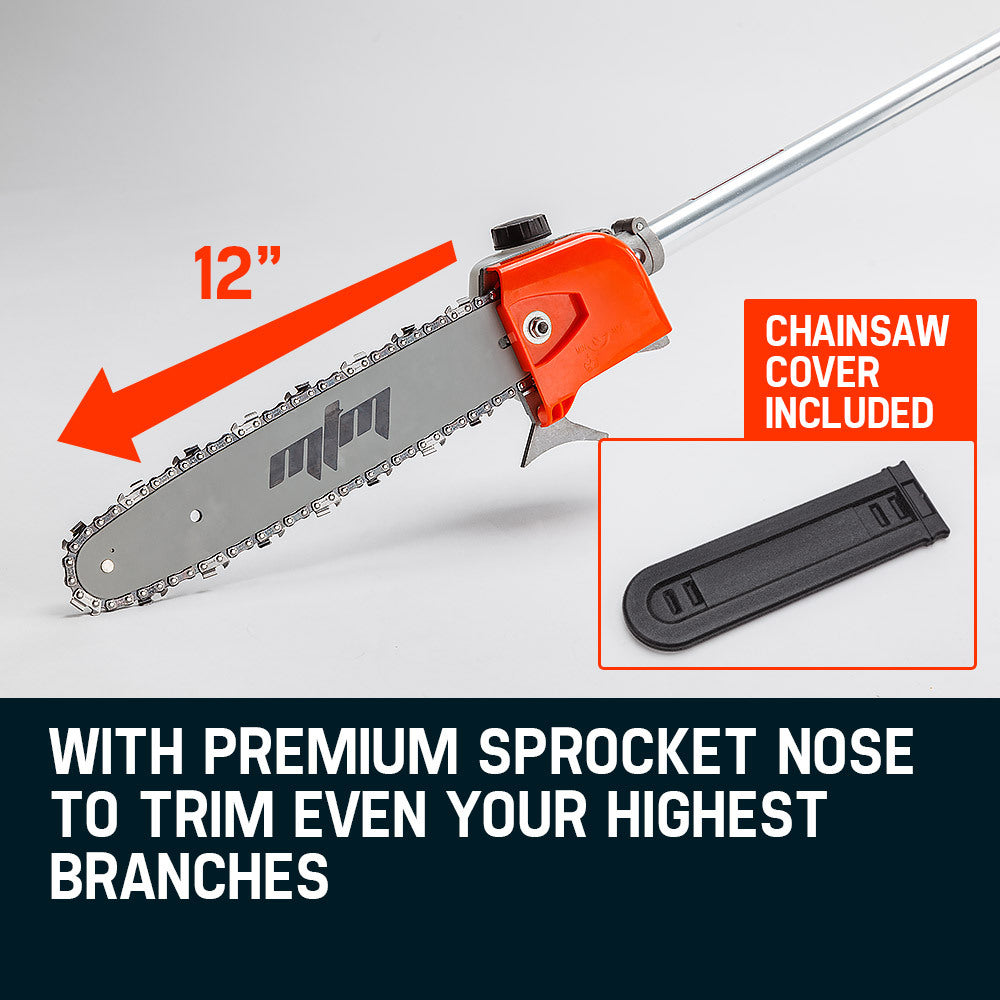 MTM 62cc Long Reach Pole Saw, 2-Stroke Petrol, 12' Tree Trimming Pruning Chainsaw Bar, 2 Extension Shafts