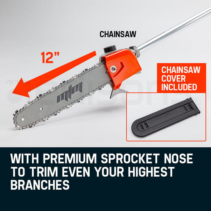 MTM 62cc Long Reach Pole Saw and Hedge Trimmer, 2-Stroke Petrol, 12' Tree Trimming Pruning Chainsaw Bar, 2 Extension Shafts
