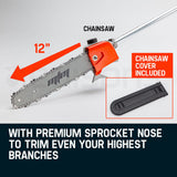 MTM 62cc Long Reach Pole Saw and Hedge Trimmer, 2-Stroke Petrol, 12' Tree Trimming Pruning Chainsaw Bar, 2 Extension Shafts - Close-Up Angle