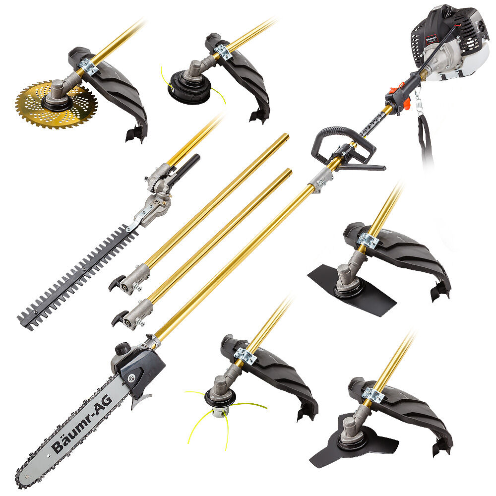BAUMR-AG 65cc 7in1 Long Reach Garden Multi-tool, Pole Saw, Hedge & Line Trimmer, Brush Cutter, 12' Tree Trimming Pruning Chainsaw Bar, 2 Extension