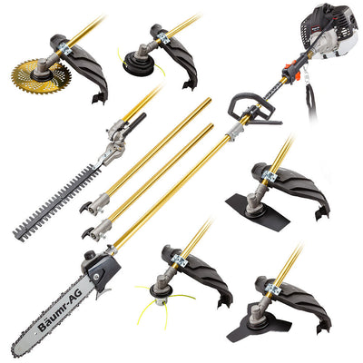 BAUMR-AG 65cc 7in1 Long Reach Garden Multi-tool, Pole Saw, Hedge & Line Trimmer, Brush Cutter, 12' Tree Trimming Pruning Chainsaw Bar, 2 Extension