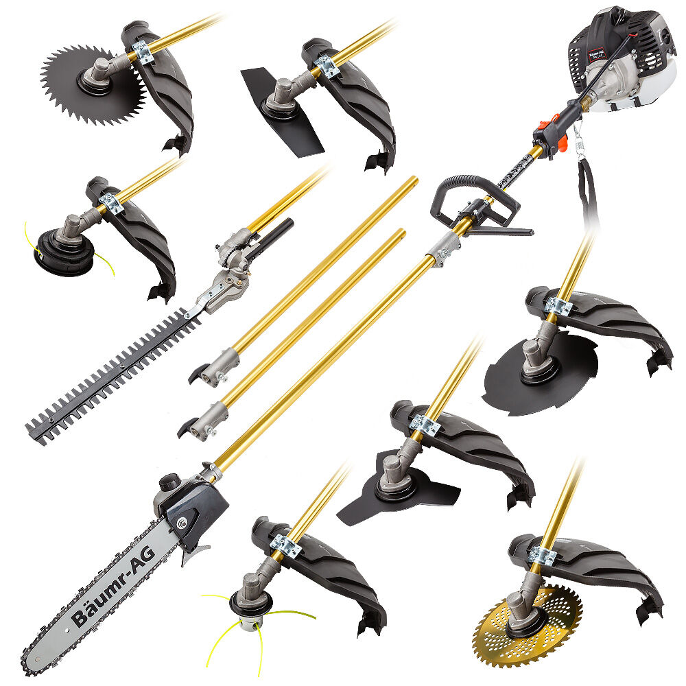 BAUMR-AG 65cc 9in1 Long Reach Garden Multi-tool, Pole Saw, Hedge & Line Trimmer, Brush Cutter, 12' Tree Trimming Pruning Chainsaw Bar, 2 Extension