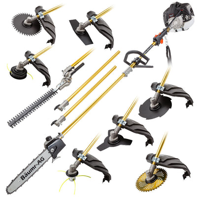 BAUMR-AG 65cc 9in1 Long Reach Garden Multi-tool, Pole Saw, Hedge & Line Trimmer, Brush Cutter, 12' Tree Trimming Pruning Chainsaw Bar, 2 Extension
