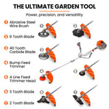 MTM 62cc 7in1 Brush Cutter Garden Multi-Tool , Pole Hedge & Line Trimmer, Bullhorn Handle, 12' Tree Trimming Pruning