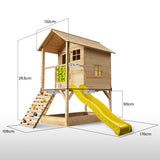 ROVO KIDS Wooden Tower Cubby House with Slide, Sandpit, Climbing Wall, Noughts & Crosses, Natural Colour - Rear View