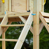 ROVO KIDS Wooden Tower Cubby House with Slide, Sandpit, Climbing Wall, Noughts & Crosses, Natural Colour - Close-Up Angle