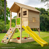 ROVO KIDS Wooden Tower Cubby House with Slide, Sandpit, Climbing Wall, Noughts & Crosses, Natural Colour - 45-Degree Angle