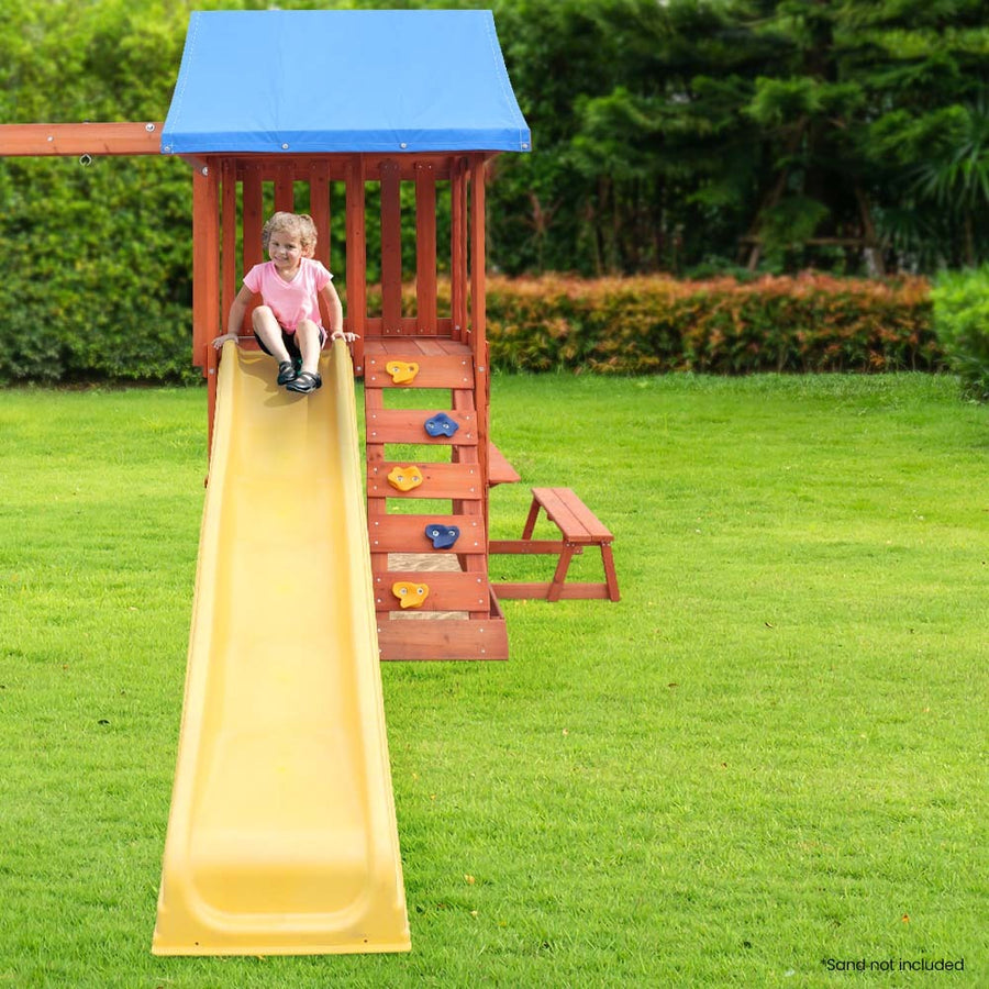 ROVO KIDS Outdoor Slide and Swing Play Set with Climbing Wall and Sandpit