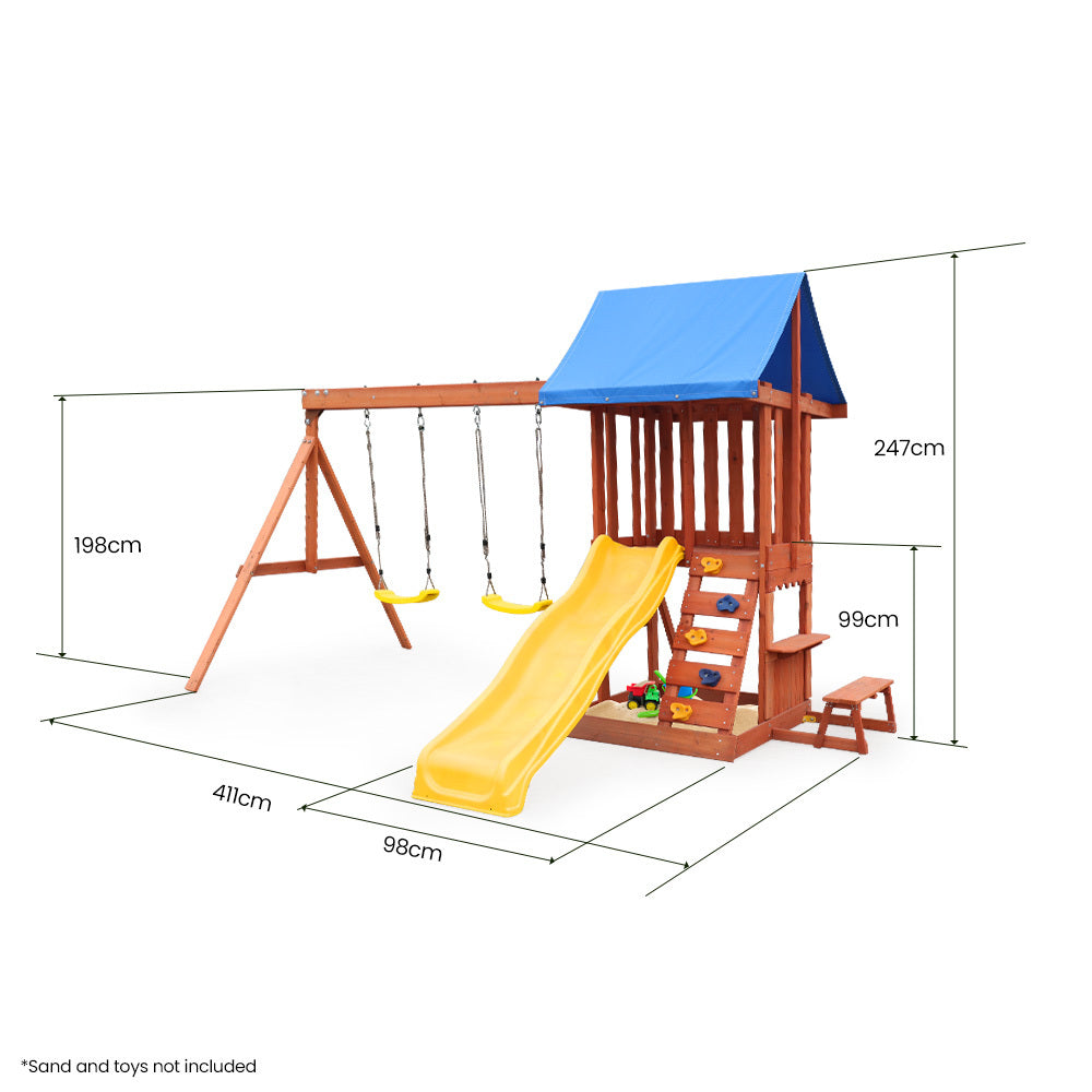 ROVO KIDS Outdoor Slide and Swing Play Set with Climbing Wall and Sandpit