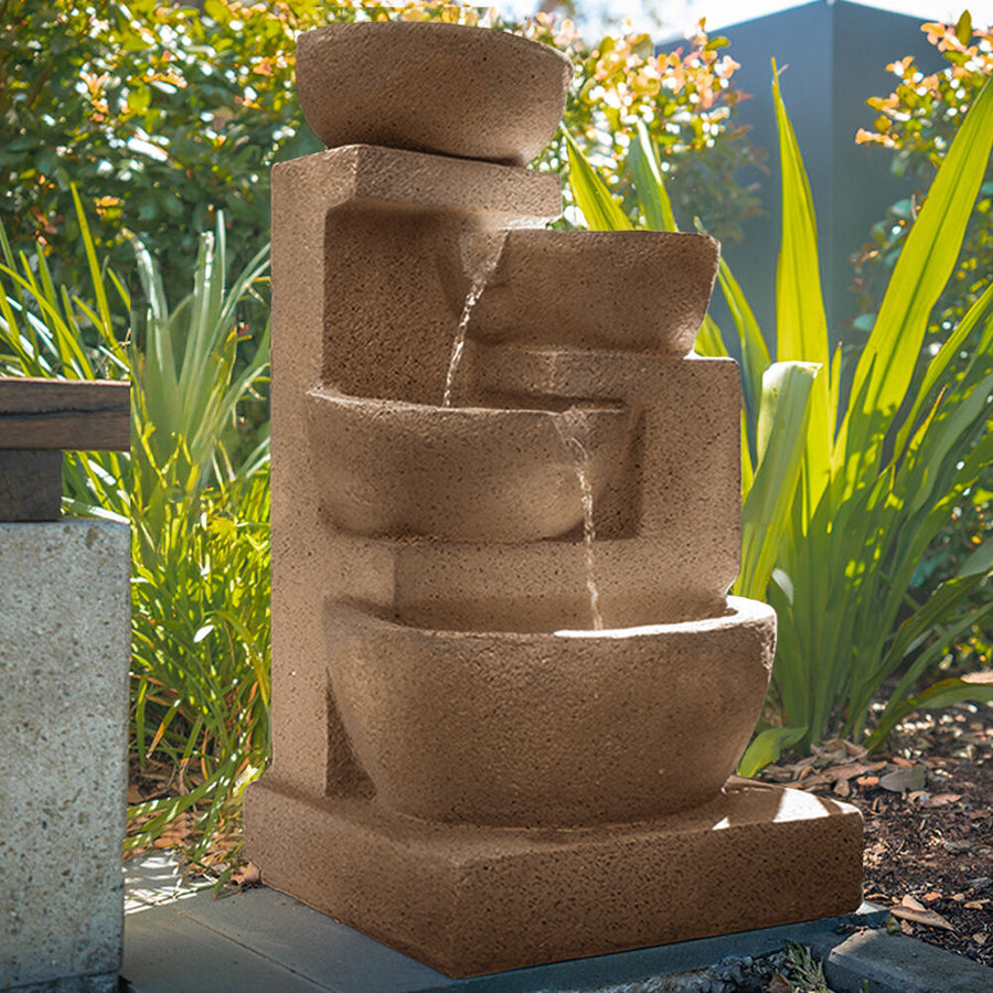PROTEGE 4 Bowl Solar Powered Water Feature Fountain with LED Lights - Sand Colour